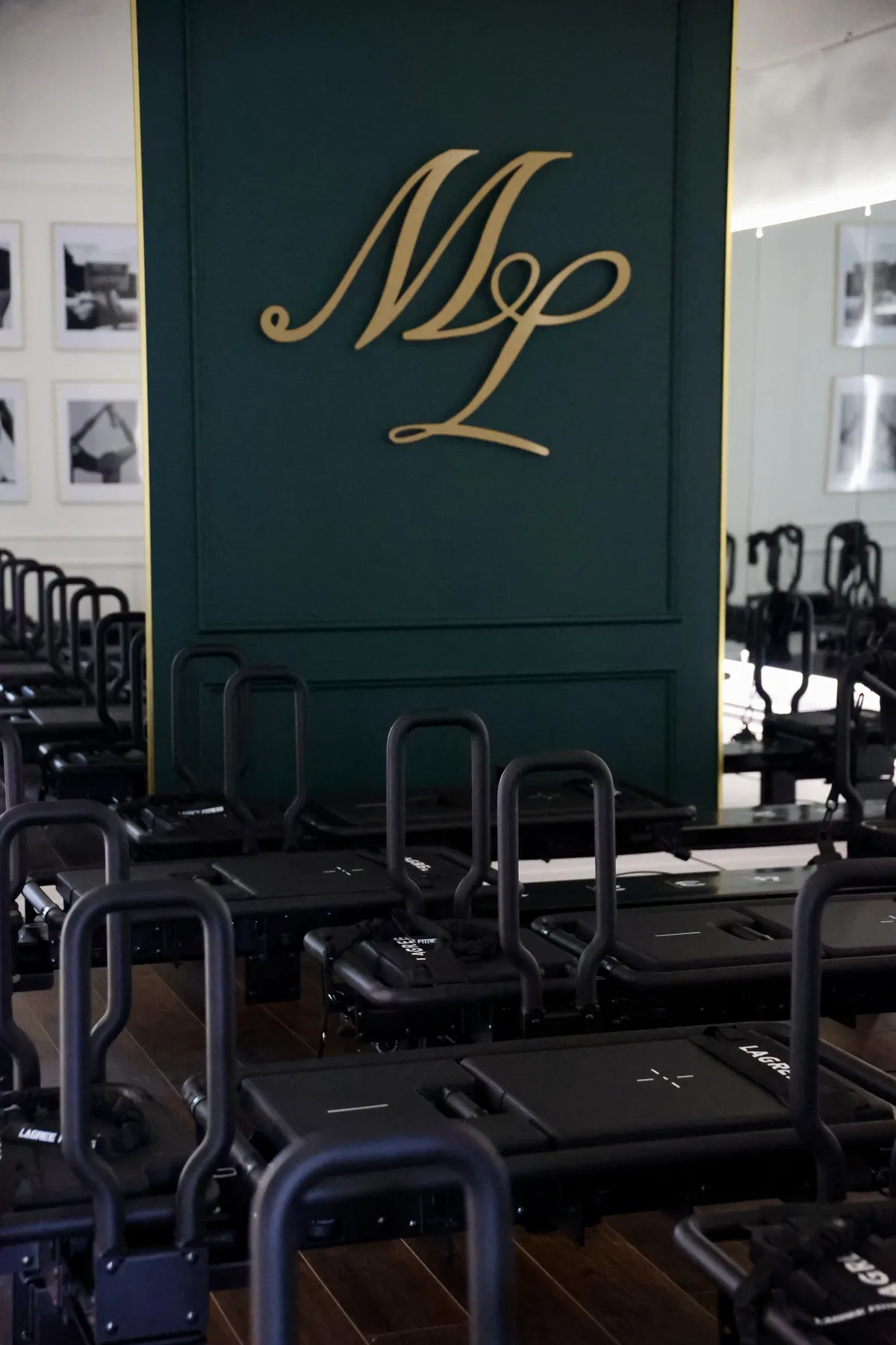Close-up of the Lagree Mini Pro's handles and carriage in low light